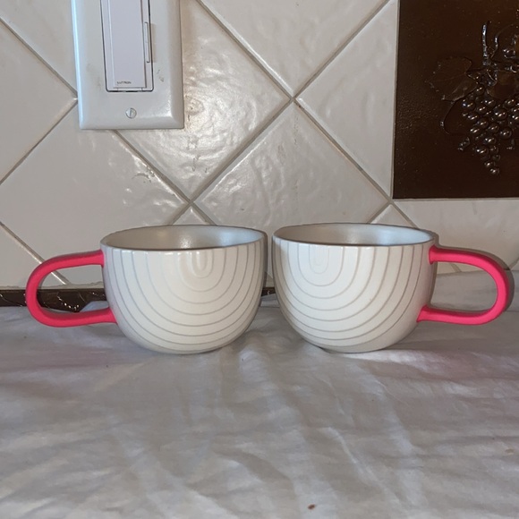 Nwot Starbucks Set Of 2 Mugs Matte White Rainbow Love Pink Handle Ceramic - Picture 1 of 8